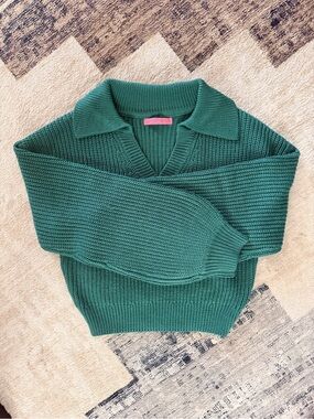 Signature8 Teal Green Collared V-Neck Knit Sweater - Women